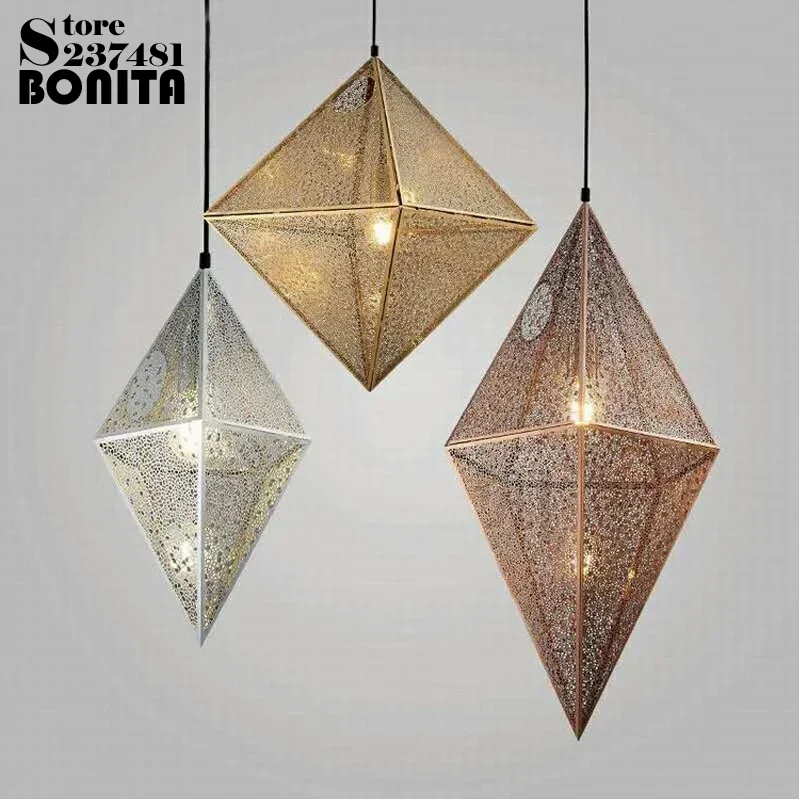 Stainless steel geometric shape hollow led hanging lamp Polyhedral rhombus cord pendant lamp Diamond mesh vintage pendant lights