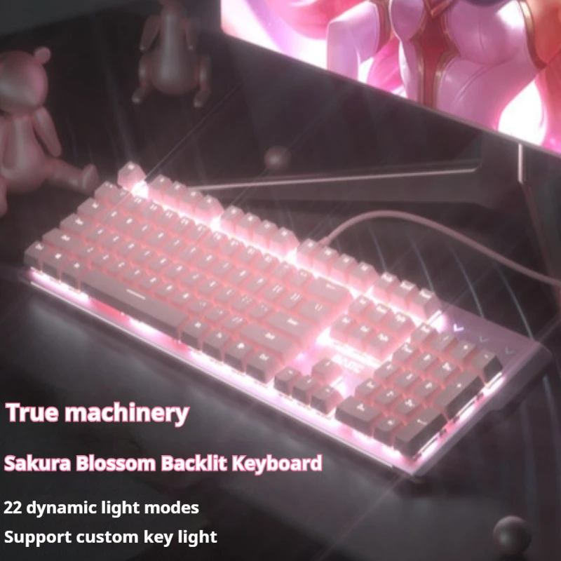 Snow Moon Girl Pink Mechanical Keyboard Metal Panel Wired 104 Keys Abs Dual Color Injection Molding E-Sports Game Girl Cute