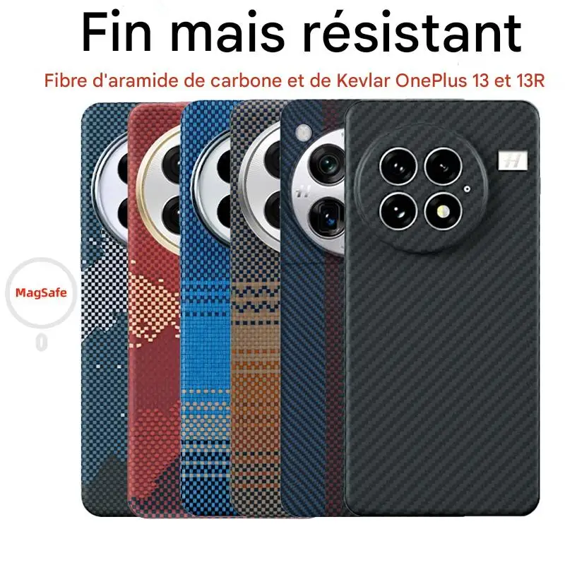 Coque en aramide Kevlar 600D en fibre de carbone fine et rigide pour OnePlus 13/OnePlus 13R, avec aimant, noire, fine, légère, rouge, pour hommes