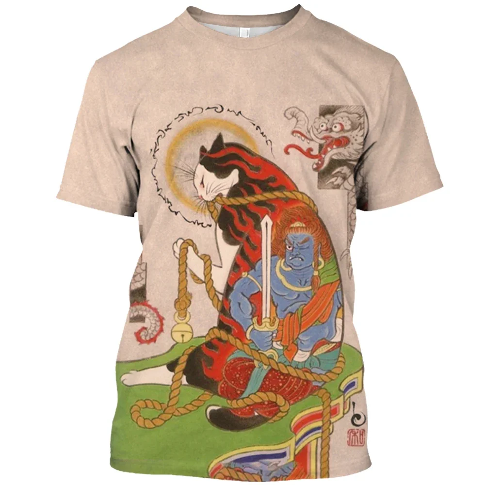 Camiseta masculina e feminina de manga curta com gola redonda, mitologia japonesa, gato samurai, estampa de Harajuku 3D, gráfico, verão