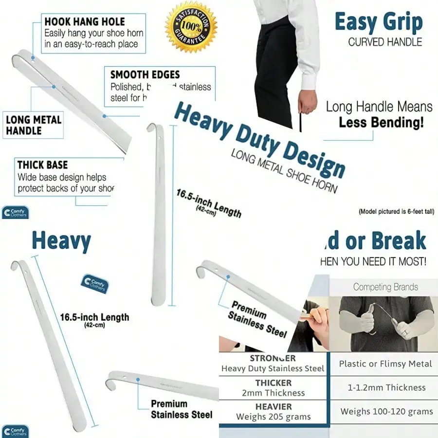 

Comfy Clothiers - Perfect Metal Shoe Horn Long Handle 16.5"/42cm - Multifunctional Stainl Steel Stick For Seniors And Slip Shoe Helper For All Types Of Foot Wear Easy To Use For And Adult