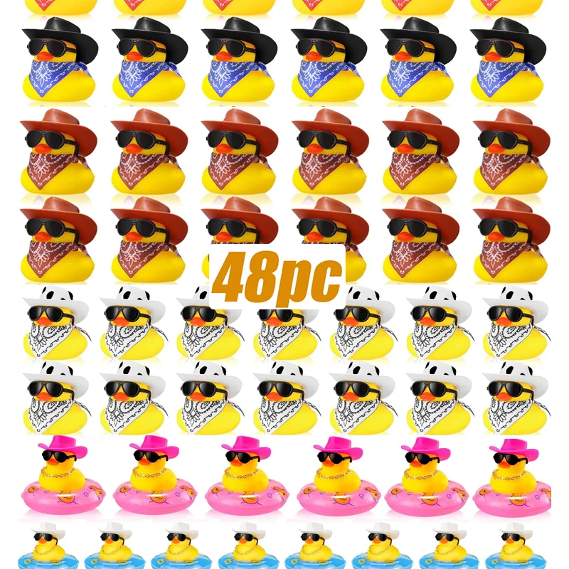 48Pcs Rubber Duck Cowboy Mini Yellow Duckies Ducks Toys with Cowboy Hat Sunglasses for Summer Birthday Gift Party Favor