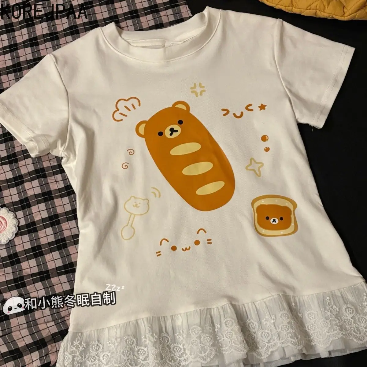 

Korejpaa Y2k Top Aesthetic Clothes 2025 Summer Cartoon Bear Printed Women T Shirt Japan Style Sweet Lace Patchwork Kawaii Tee