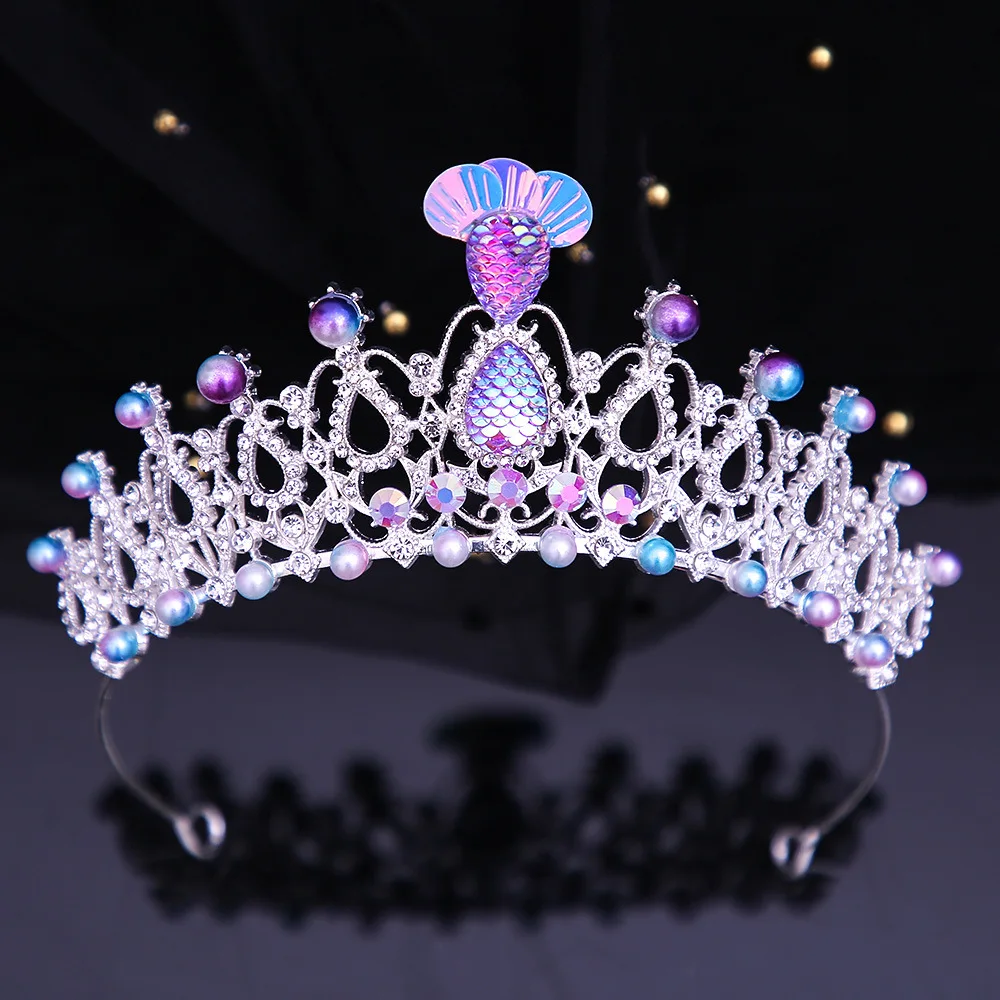 Colorful Crystal Pearl Mermaid Fish Tail Crown Tiaras Halloween Hair Accessories Women Girls Birthday Party Decorations Headband