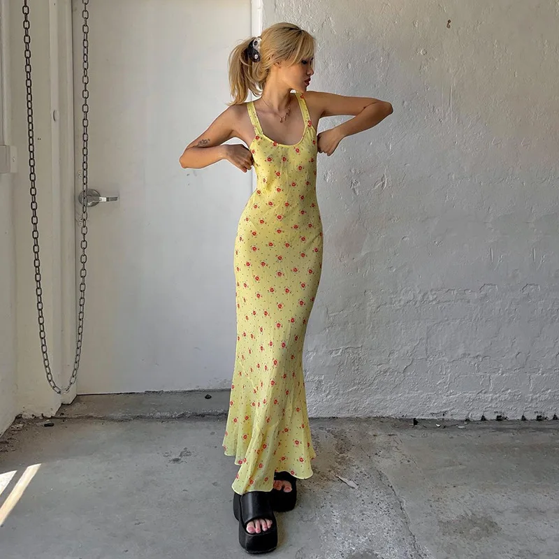 

Summer Casual Print Dress Women Sweet Cute Holiday Beachwear Sexy Slim Sling Dresses Women Backless Fashion Femme A-line Vestido