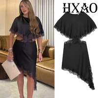 HXAO-vestido negro recortado para mujer, vestido Midi asimétrico de encaje con manga tipo capa, vestidos de fiesta elegantes, vestido de cóctel Sexy de lujo para mujer