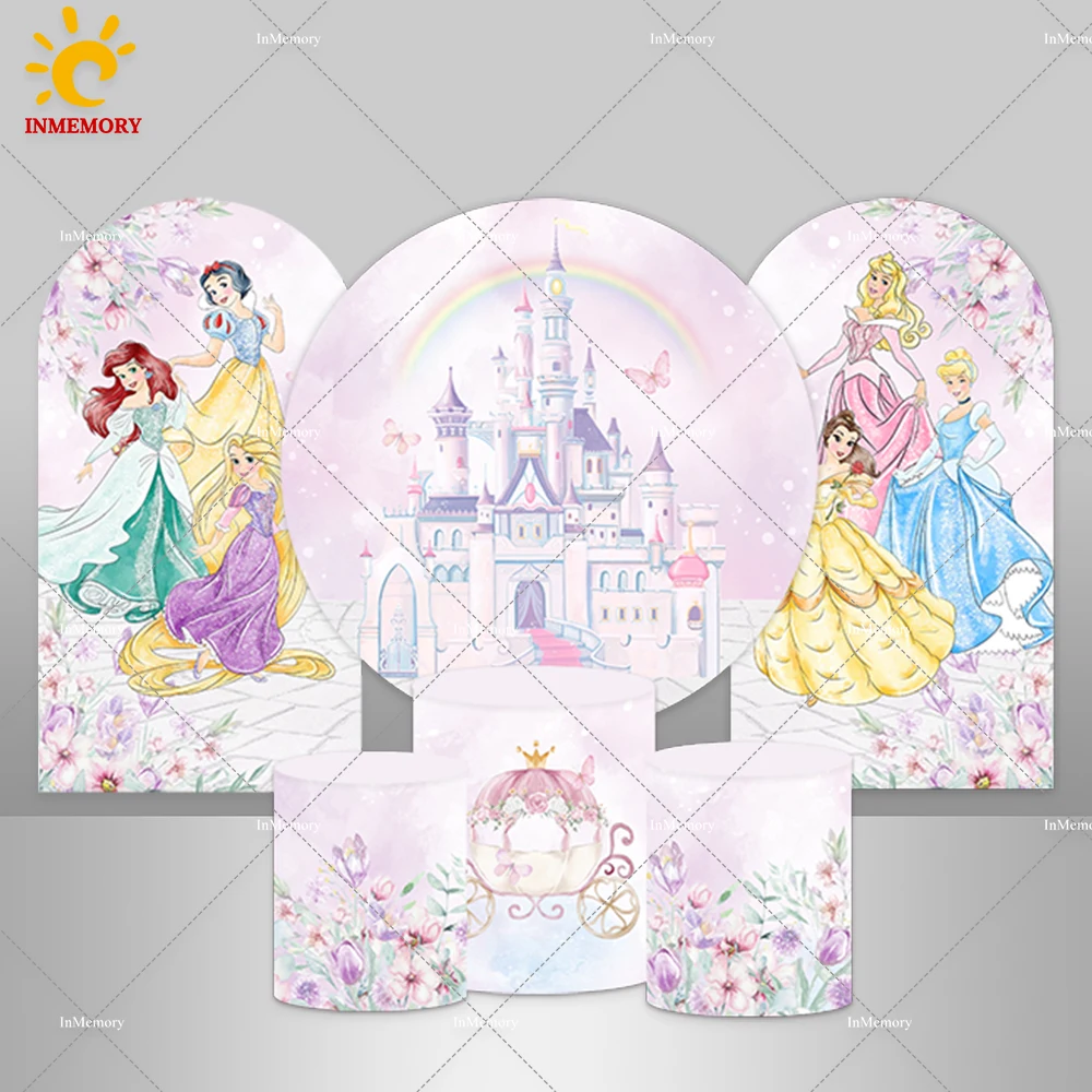 Watercolor Princess Tangled Snow White Arched Wall Chiara Backdrop Floral Castle Round Circle Background Cake Cylinder Banner