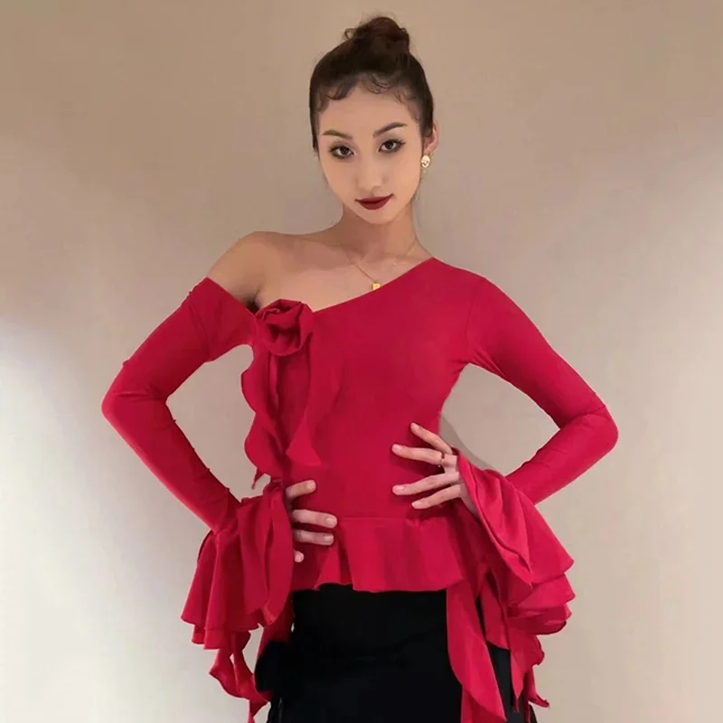 

New Ballroom Dance Tops Red Oblique Shoulder Long Sleeves Practice Clothes Rumba Dance Performance Clothing Women Blouse NV19225