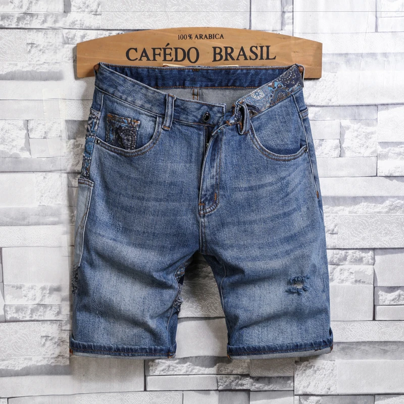 

JDK60 High-end tide brand fashion colour collision hole loose casual versatile splicing embroidery denim shorts