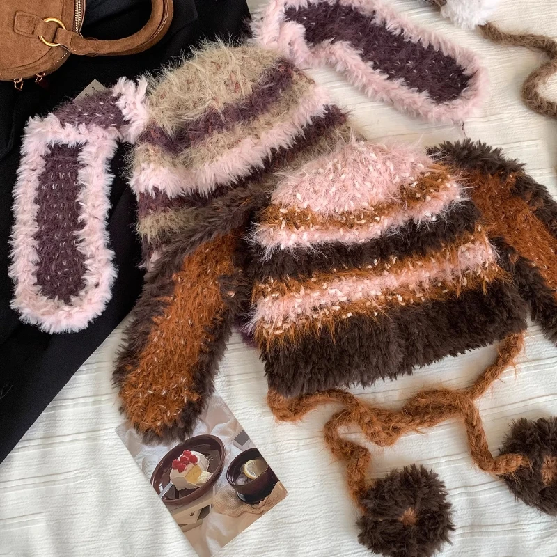 جديد Y2K مضحك آذان أرنب أفخم بيني للنساء الخريف الشتاء الدافئة تنوعا المتناقضة اللون مخطط بلوفر مغزول القبعات