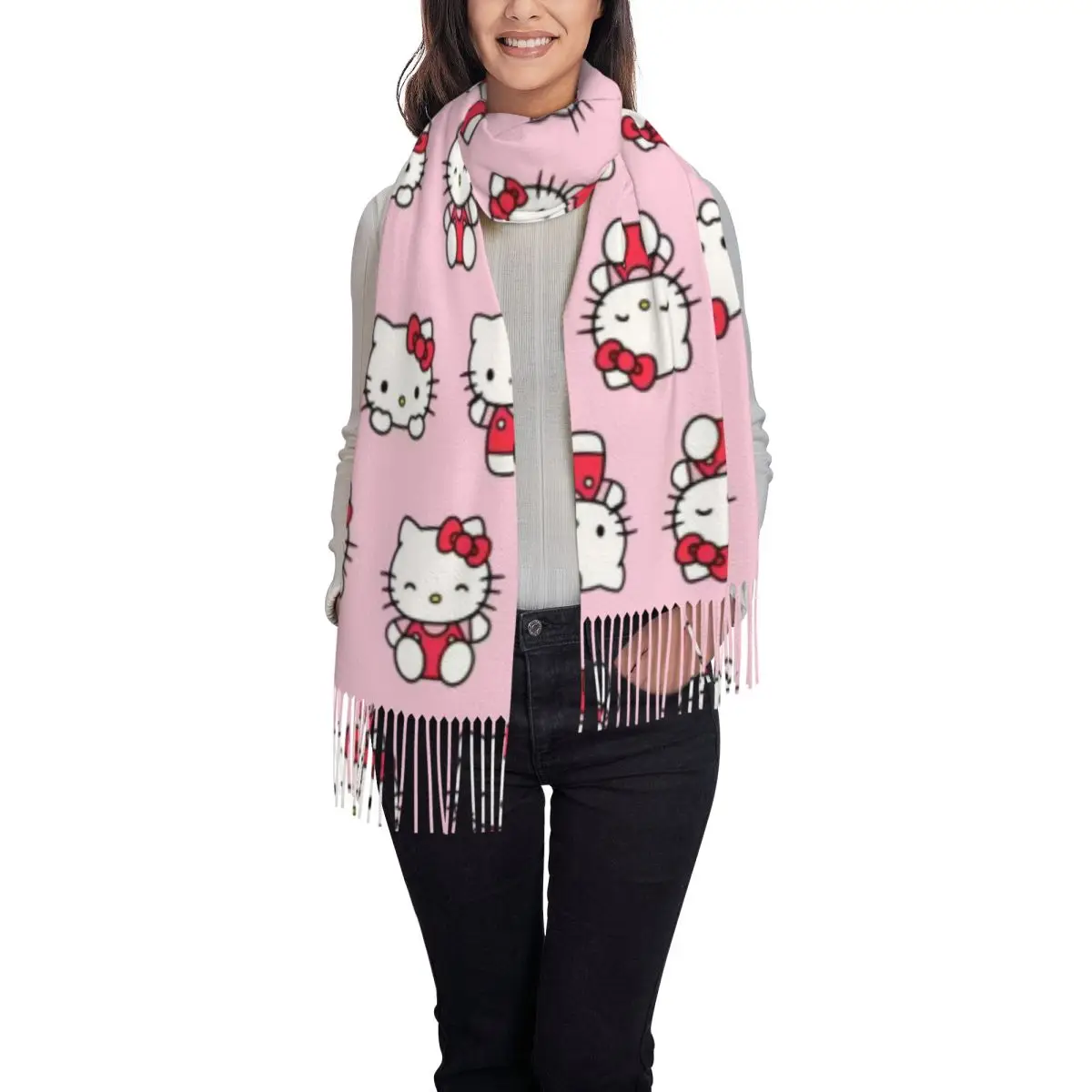 Customized Lady Long Hello Kitty Pattern Scarves Women Winter Fall Thick Warm Tassel Shawl Wraps Sanrio Scarf