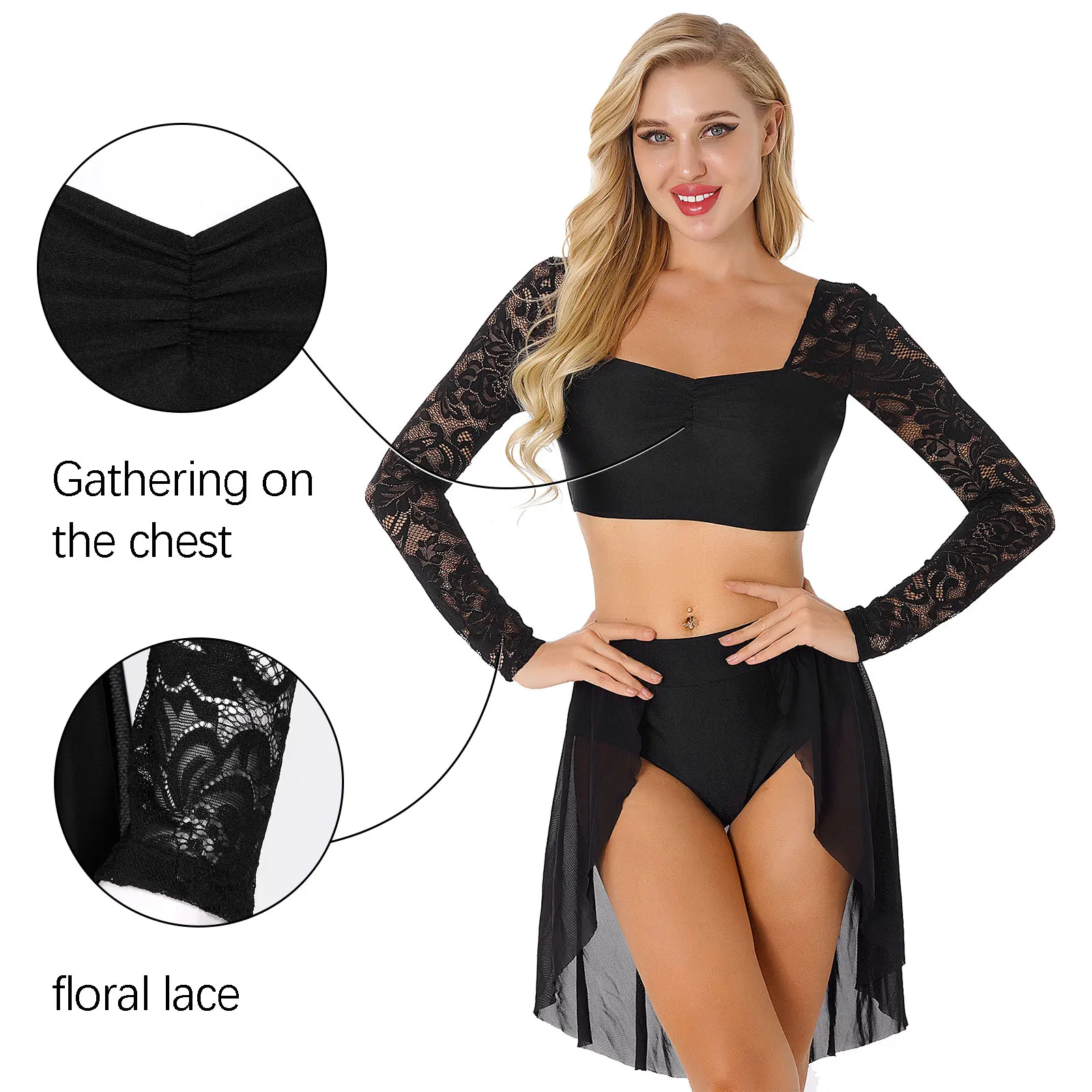 Women Girls Lyrical Dress Dance Costume Ballet Gymnastics Floral Lace Long Sleeve Crop Top with Skirt Bottoms 2Pcs Dance Outfits