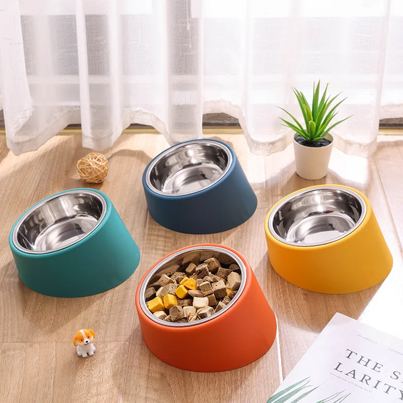 Slanting Stainless Steel Dog Bowl Neck Protection Plastic Bowl Dog Rice Bowl Pet Supplies Dog Accessories