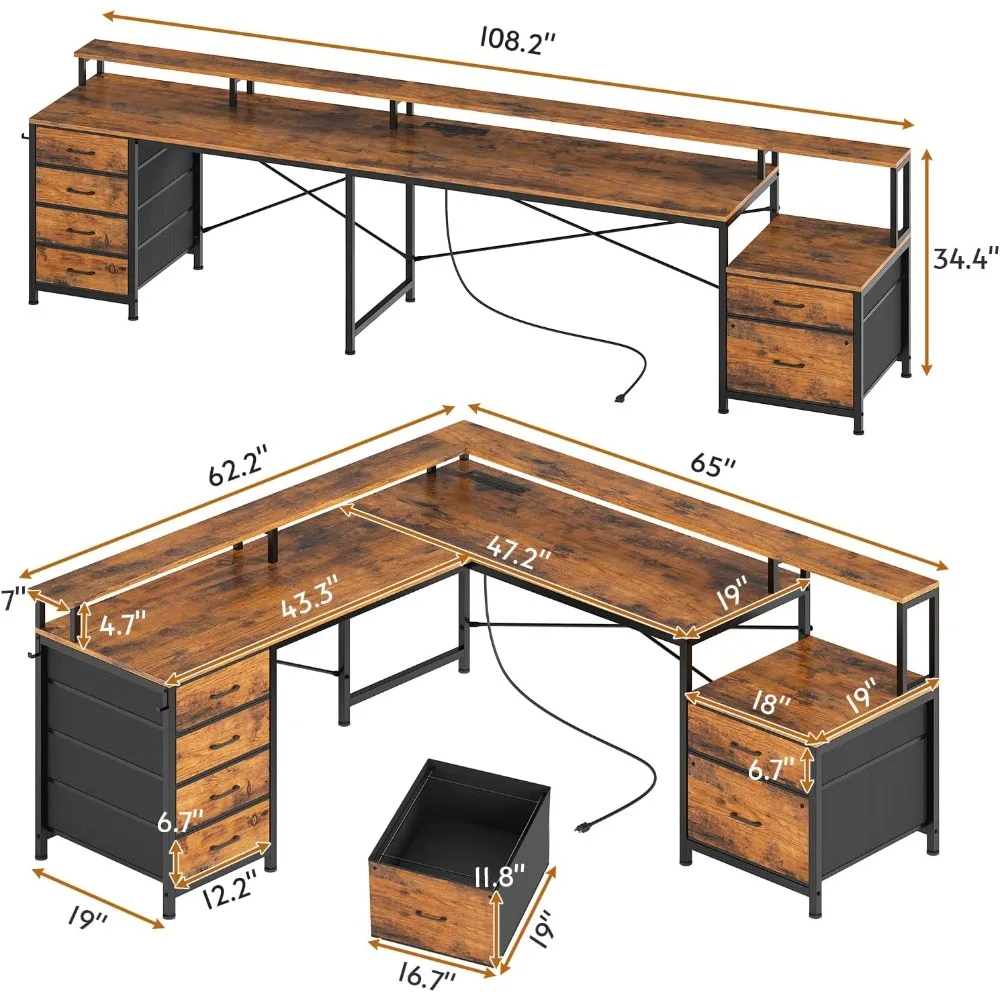 L-Vormig Bureau Met 6 Lade, 108 "Bureau Van Het Huisbureau Met Dossierlade & Stopcontact, Bureau Van De Hoekcomputer