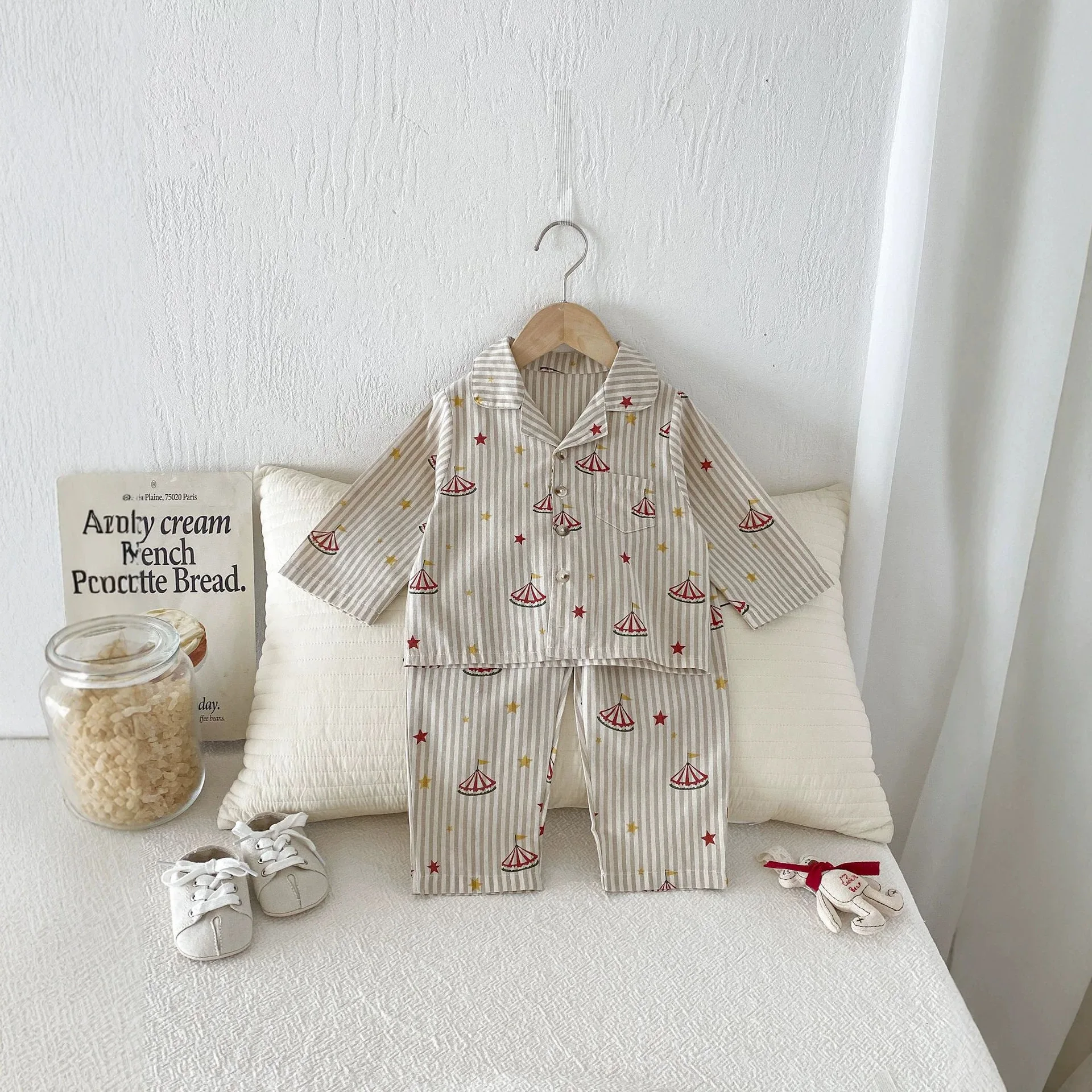 2026 New Spring Fall Kids Cotton Cardigan Pajama Set | Lapel Collar Long Sleeve Loungewear | Korean Style 2Pcs Set