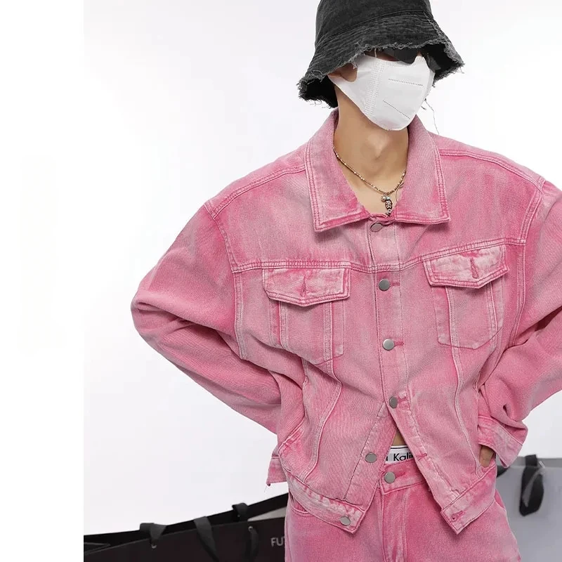 Pink Denim Set Men Spring Autumn Solid Color Denim Jacket +wide-leg Jeans Unisex Y2K Harajuku Korean Fashion Two Piece Sets New