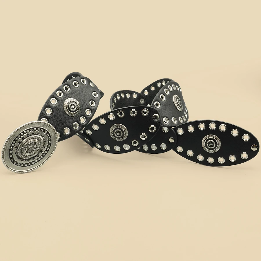 حزام نسائي غربي أسود عتيق - Conchos معدني كبير الحجم مع تصميم مقصوص، إكسسوار أزياء واسع على طراز رعاة البقر