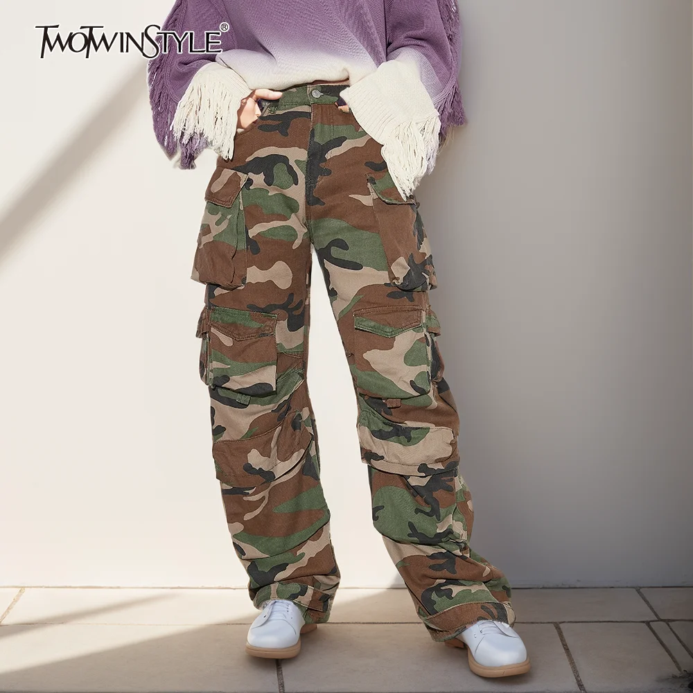 TWOTWINSTYLE Streetwear Camouflage Denim Trousers For Women High Waist Patchwork Pockets Loose Colorblock Wide Leg Jeans Female