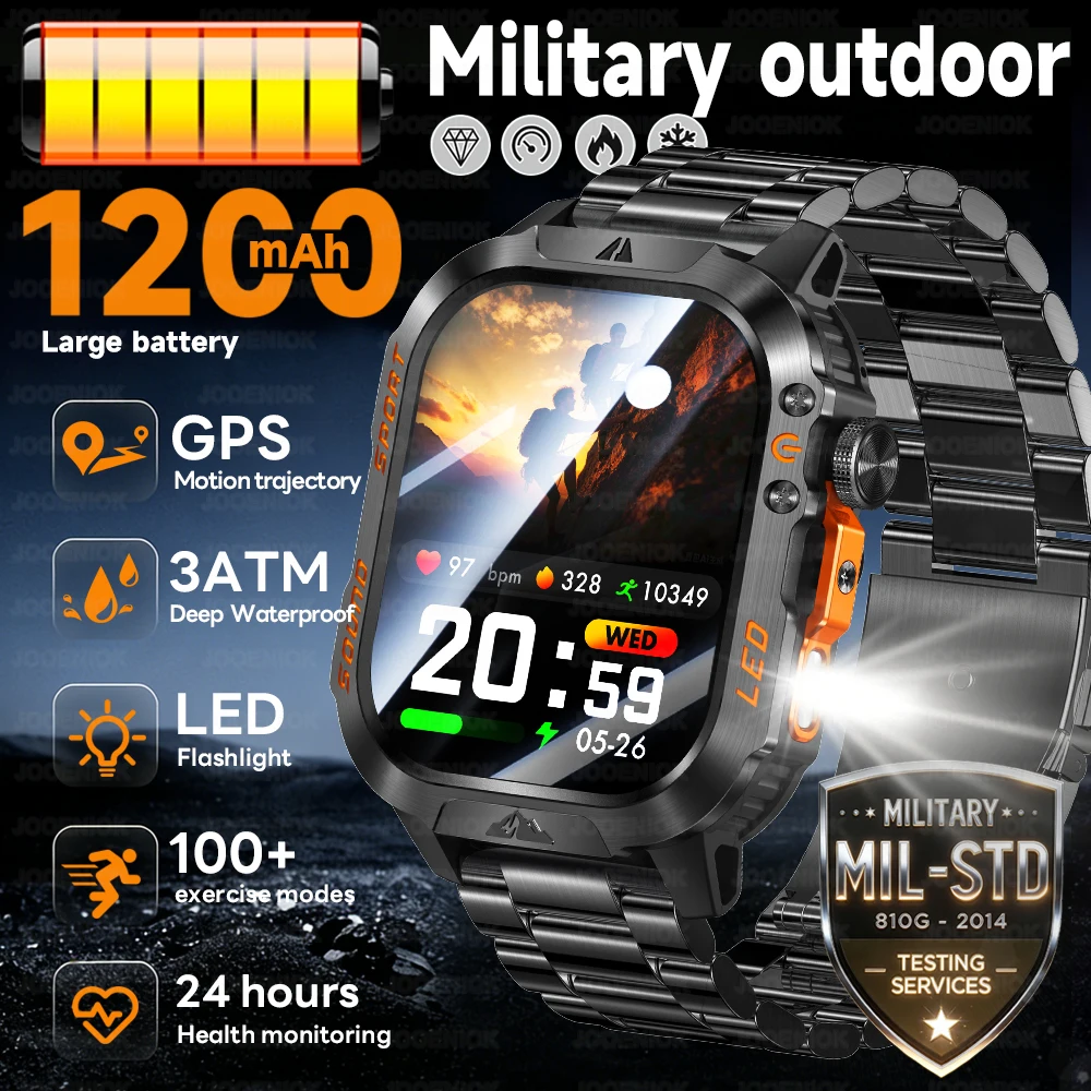 

Новые умные часы с аккумулятором 1200 мАч, мужские умные часы с LED-фонариком, отслеживанием сердечного ритма, отслеживанием здоровья, GPS-трекингом, водонепроницаемые по стандарту IP68, военные умные часы