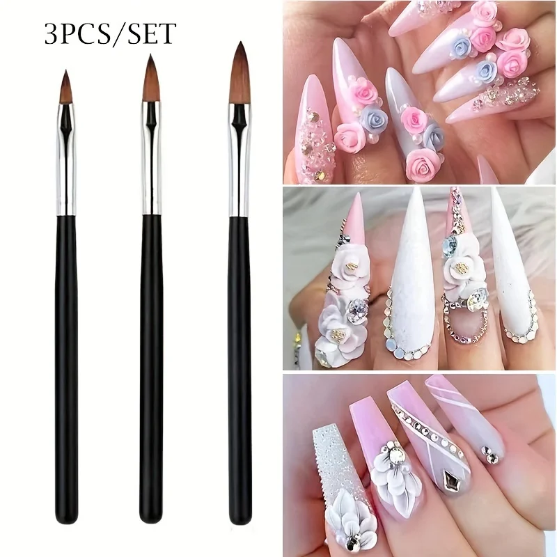 3pcs  Acrylic Nail Brushes Set For Acrylic Powder Nail Glue Acrylic Application/Extension/Carving Nail Professional Brushes