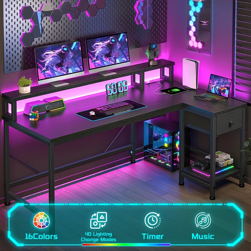 48 inch L-Shaped Desk with Drawers, Computer Desk with Monitor Stand, LED Lights, and Power Outlet, Suitable for Small Rooms, Study Rooms, Bedrooms, Home Offices, Christmas, Thanksgiving, Easter