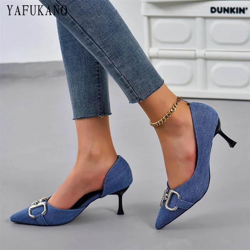 Metal Decor Point Toe Stiletto Denim Pumps Korean Style Fashion Side Empty High Heels French Slip-on Casual Single Shoes