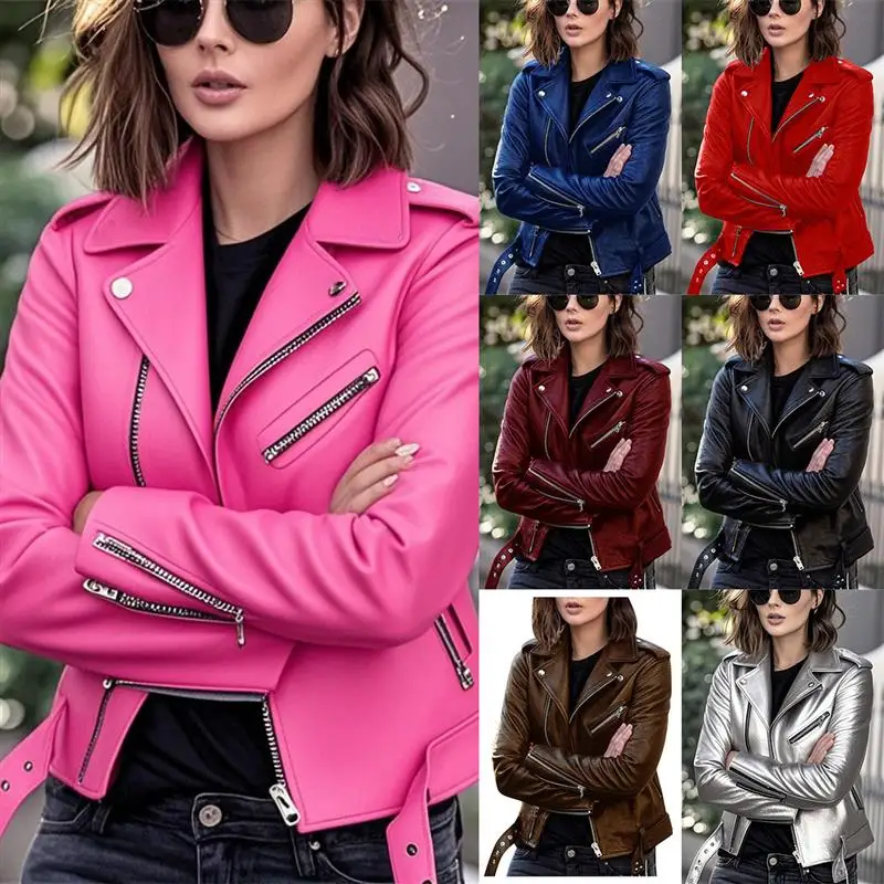 Jaqueta Feminina de Couro PU Estilo Biker Slim Fit para Primavera, Outono e Inverno, Casaco Punk Fashion com Forro Longo