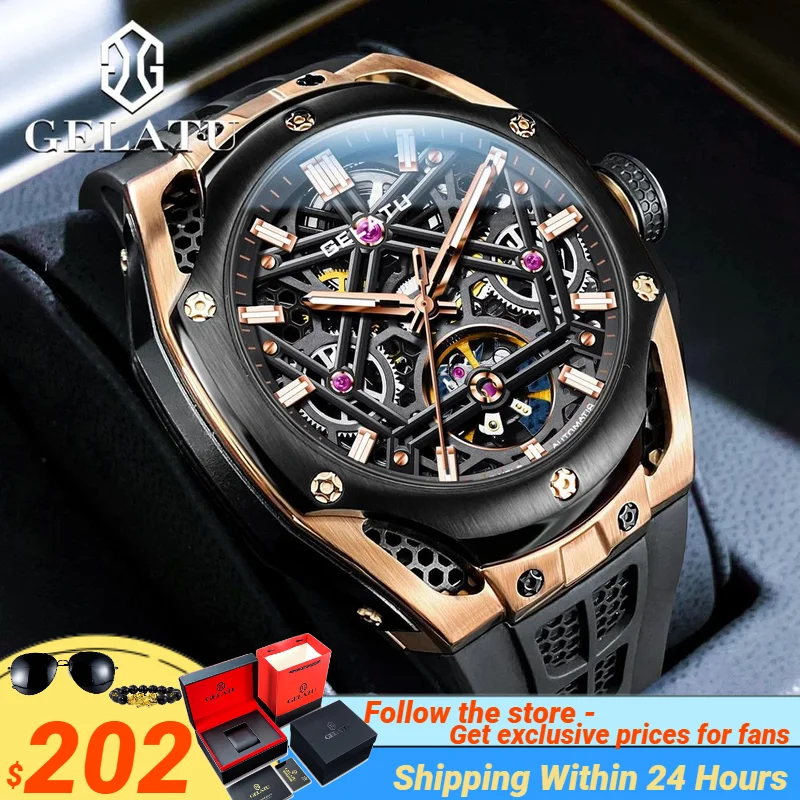 GELATU-Montre Mécanique existent pour Homme, Bracelet en Silicone Étanche, Miroir en ChimSapphire, Marque de Luxe