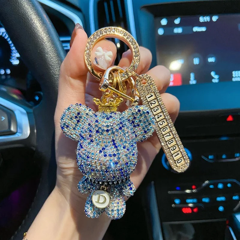 Luxury Aesthetic Keychain Cartoon Anti-lost Number Plate Rhinestones Crown Key Chain Lady Charm Bag Car Key Chains for Women