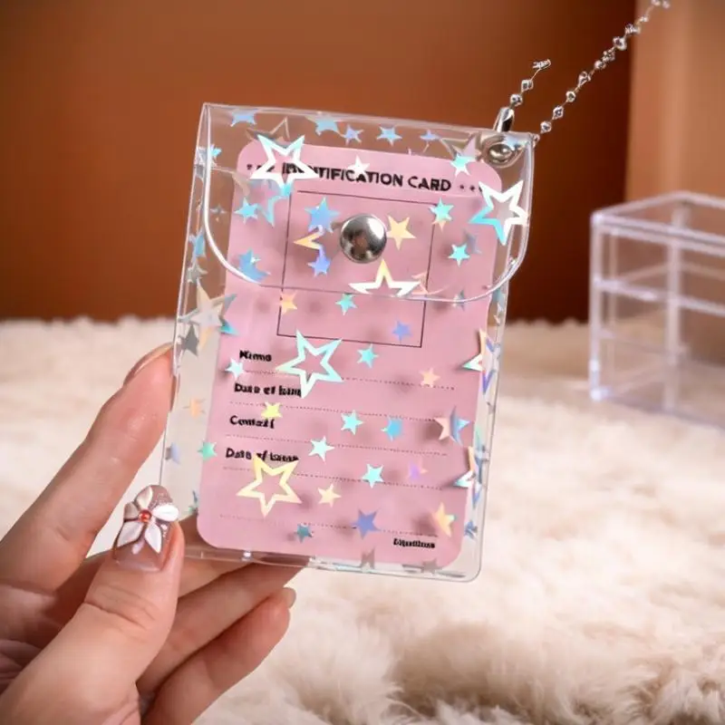 Transparent PVC Card Holder Glitter Star Design Snap Button Keychain For Kpop Photocards ID Cards Daily Use
