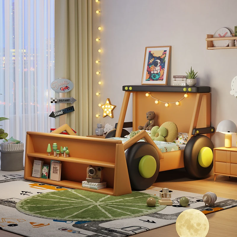 150x200cm Cool forklift children'sbed boy luxury cartoon solid wood creative leather car with guardrail bedroom sports car bed