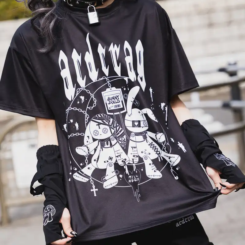 Japanese Original Kawaii Girls Harajuku Style T-shirt Kids Gothic Printed Short Sleeved Y2k Adult Subculture Role-playing Top