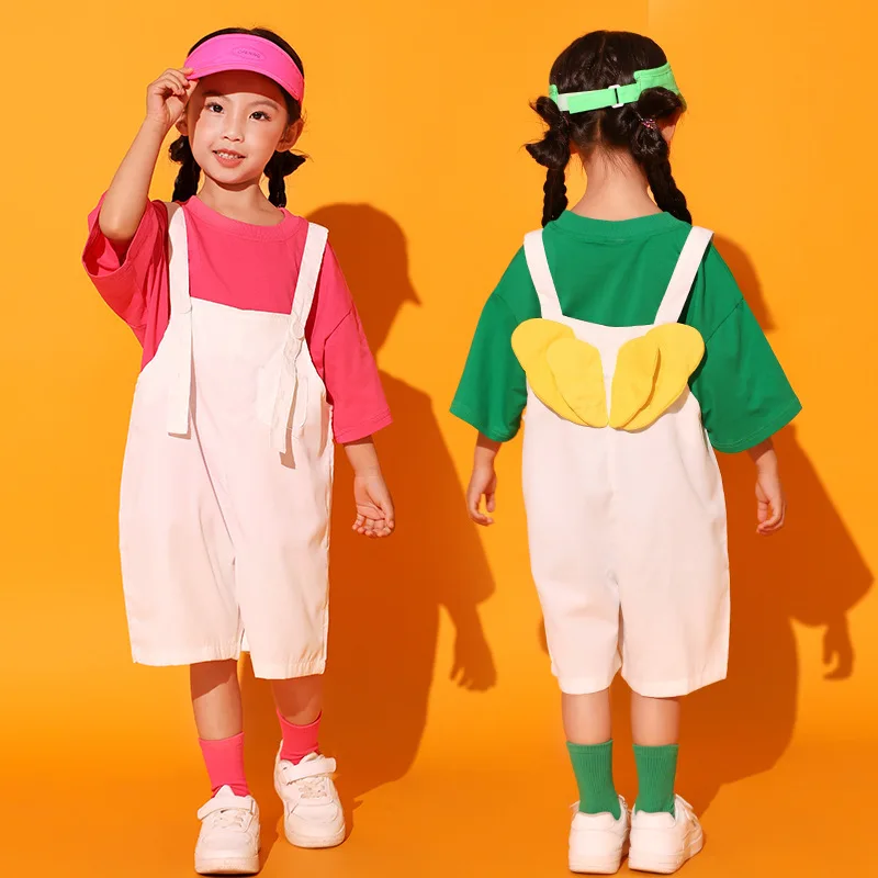 

Kids Kpop Hip Hop Multi Colors T Shirt White Bib Shorts Overalls for Girl Boy Jazz Dance Clothes Kindgarten Performance Costume