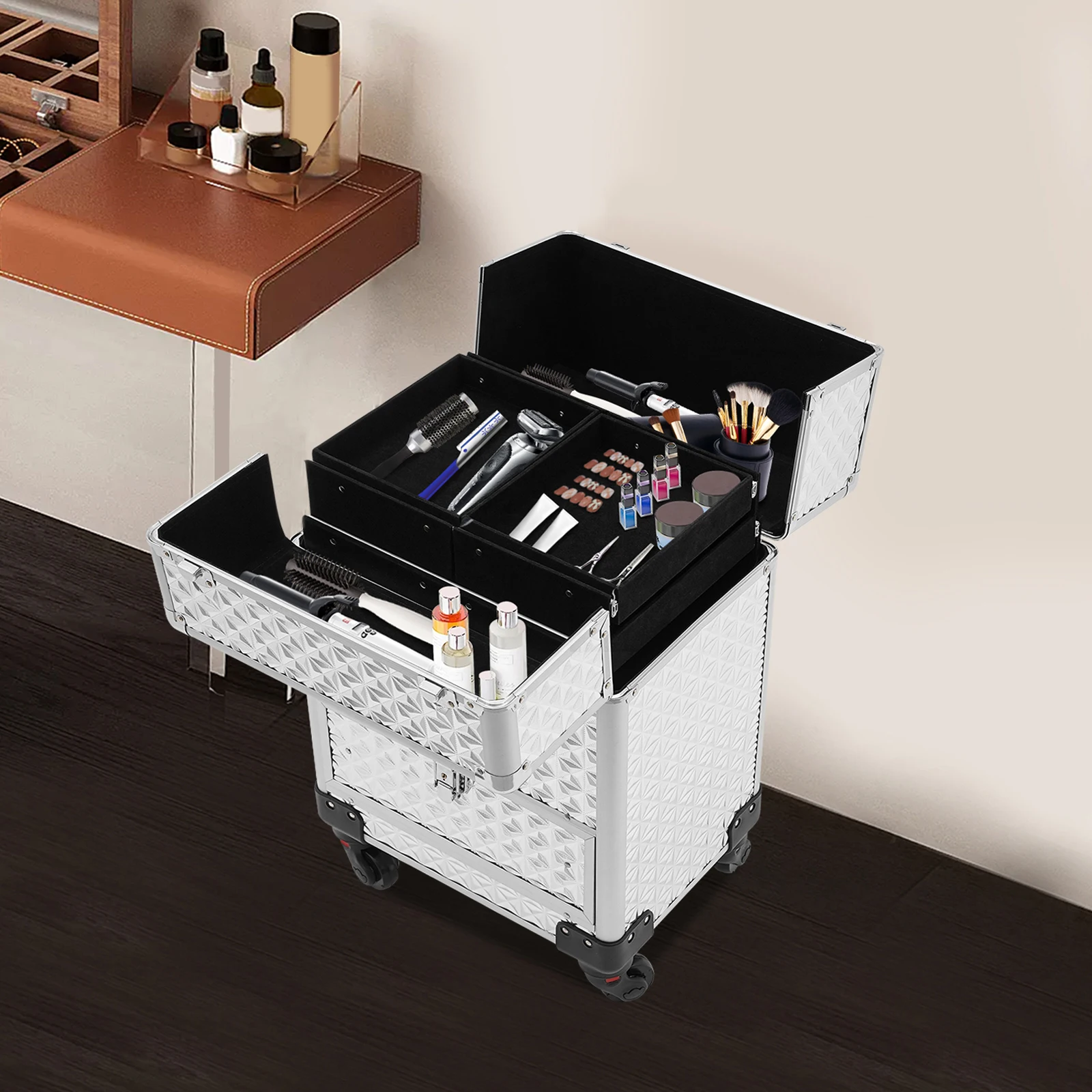 

Rolling Makeup Train Case Professional Cosmetic Trolley Makeup Storage Organizer