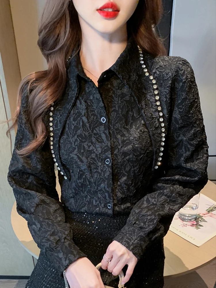 Elegant Fashion Black Jacquard Casual Shirts For Women Diamond Lapel Long Sleeve Blouses Blusas 2024 Autumn Female Clothing