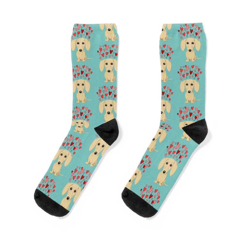 Cream Dachshund Cute Wiener Dog with Valentine Hearts Socks winter thermal anti-slip funny sock Men's Socks Women's