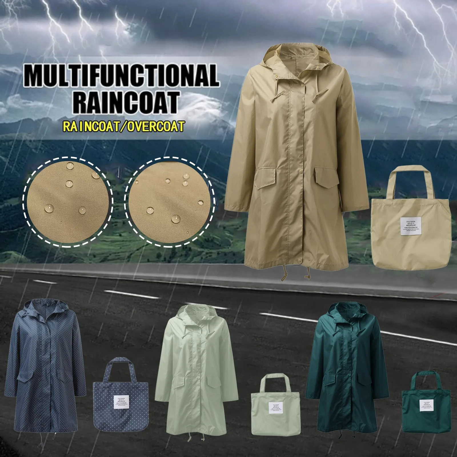 

Womens Long Raincoats Rain Jacket Packable Outdoor Hooded Windbreaker Lightweight Adjustable Waist For Outdoors With Pockets