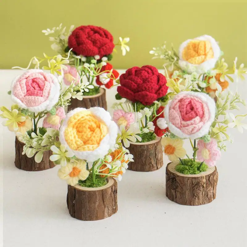 

Вязаные крючком цветы ручной работы, украшение в горшке, декор центральной консоли автомобиля, мультяшные вязаные цветы в горшках, аксессуары для украшения своими руками