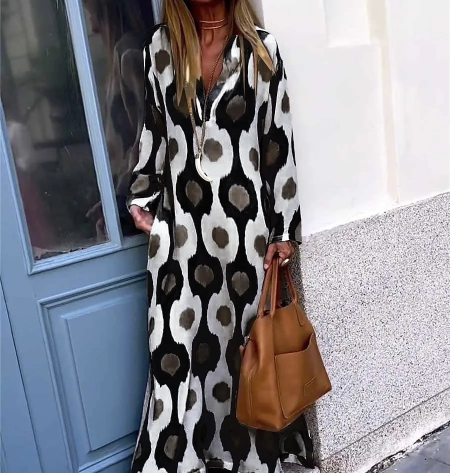 2024 AliExpress europea e americana Plus Size gonna lunga con scollo a v stampata alla moda autunno e inverno transfrontaliera da donna