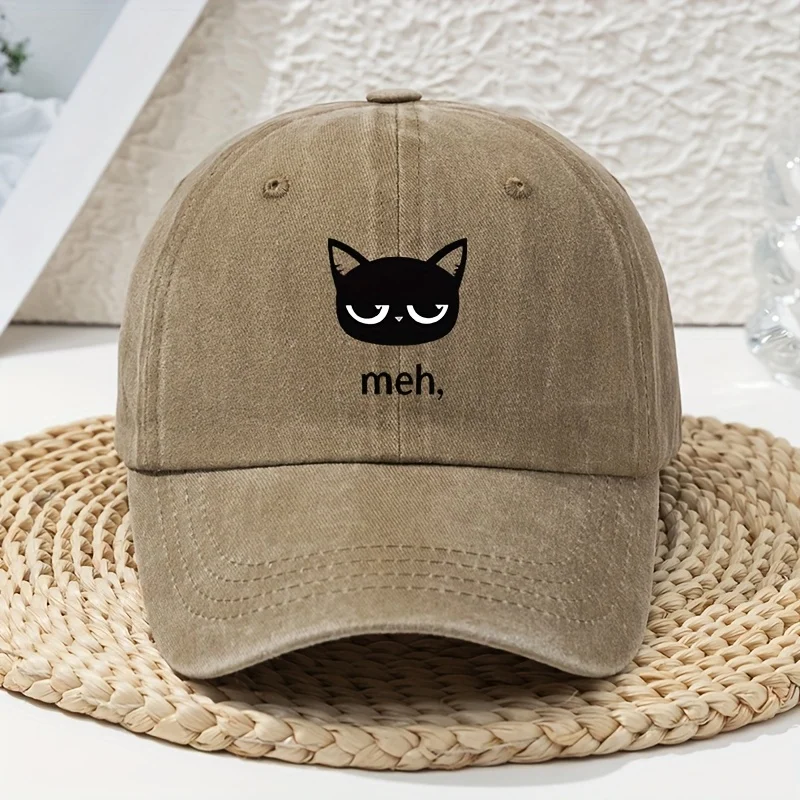 Cartoon black cat print vintage washed baseball cap, unisex dad cap, soft top washed duckbill cap, outdoor image 5