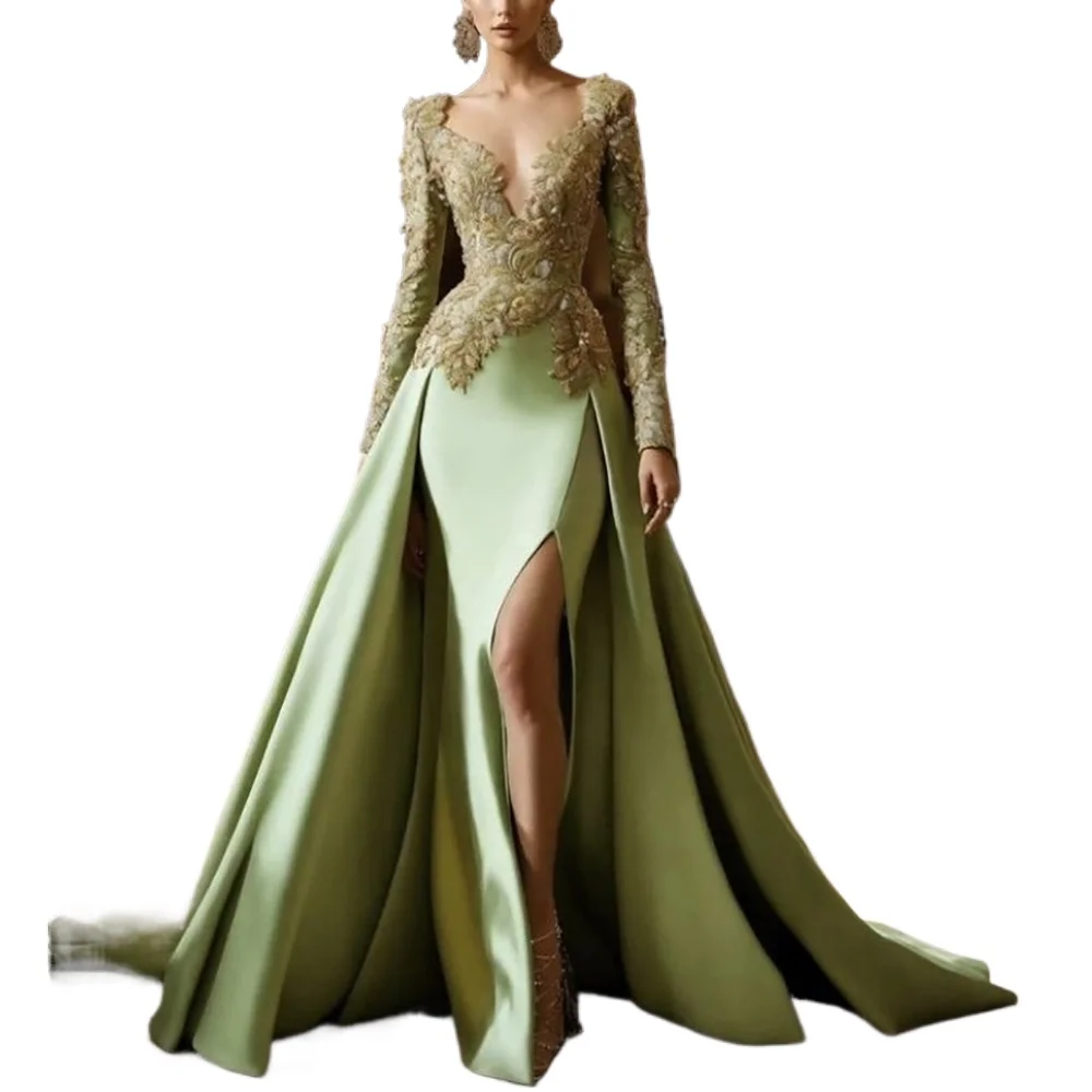 Green V Neck Long Sleeves Evening Dress With Applique New Fashion Female Floor Length Party Prom Gowns