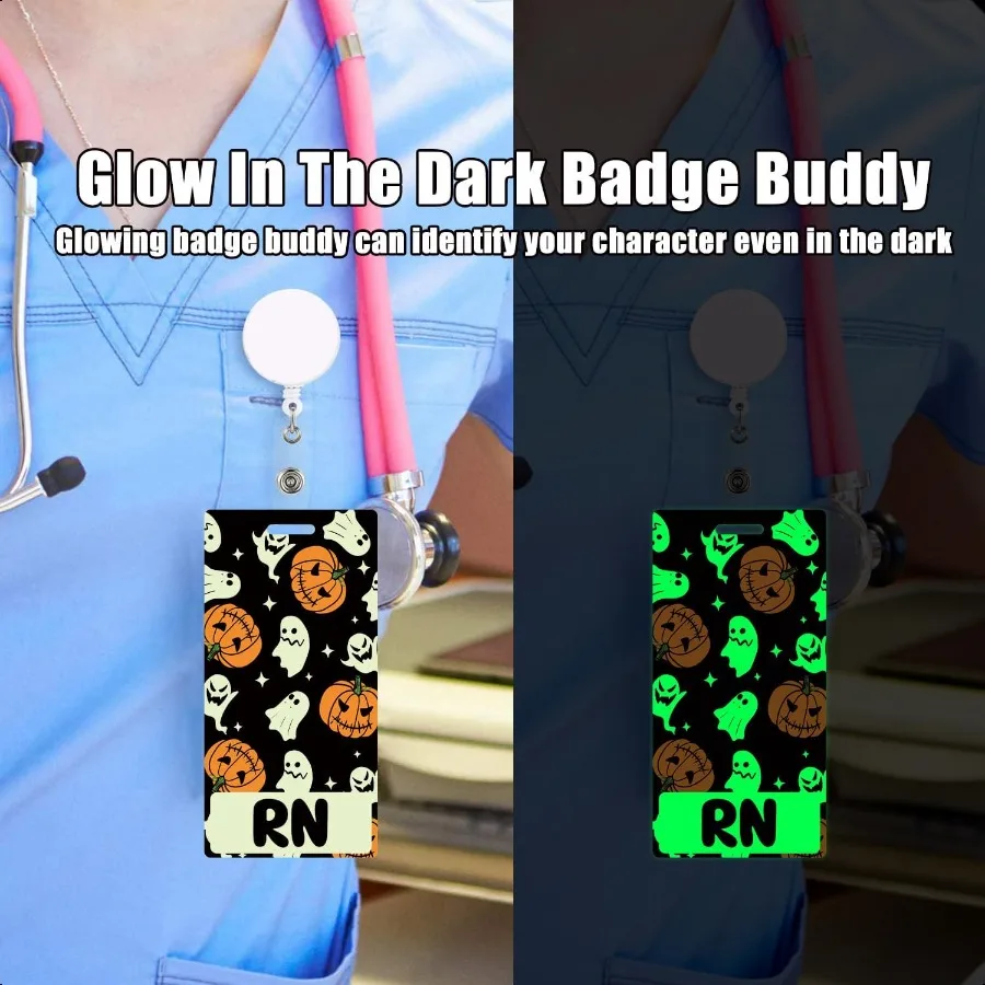 RNバッジバディカードホルダー パンプキン ゴースト ハロウィン 暗闇で光る 発光バッジバディ 収納袋付き 看護師 看護用品
