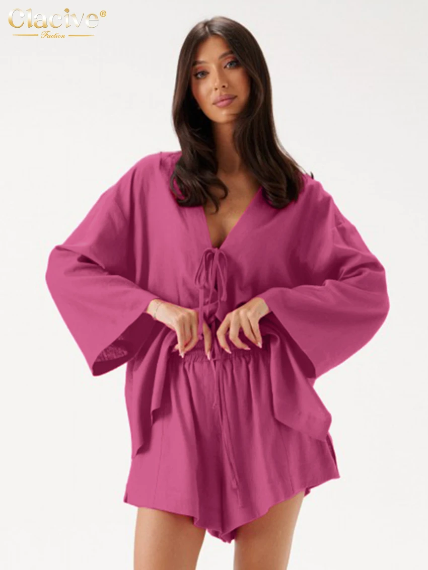 

Clacive Casual Loose Pink Cotton Women Two Pieces Set 2025 Elegant Long Sleeve Shirt With High Waist Shorts Set Female Clothing