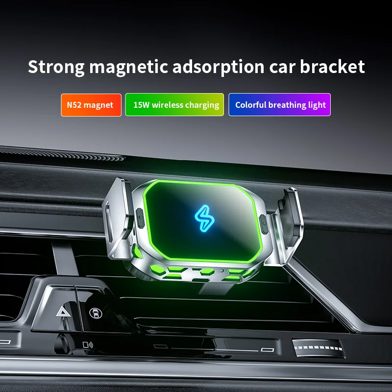 

15W Mini Magnetic Wireless Car Charger – N52 Suction, RGB Light, 360° Rot, Anti‑Shake for iPhone 12‑17 & Android