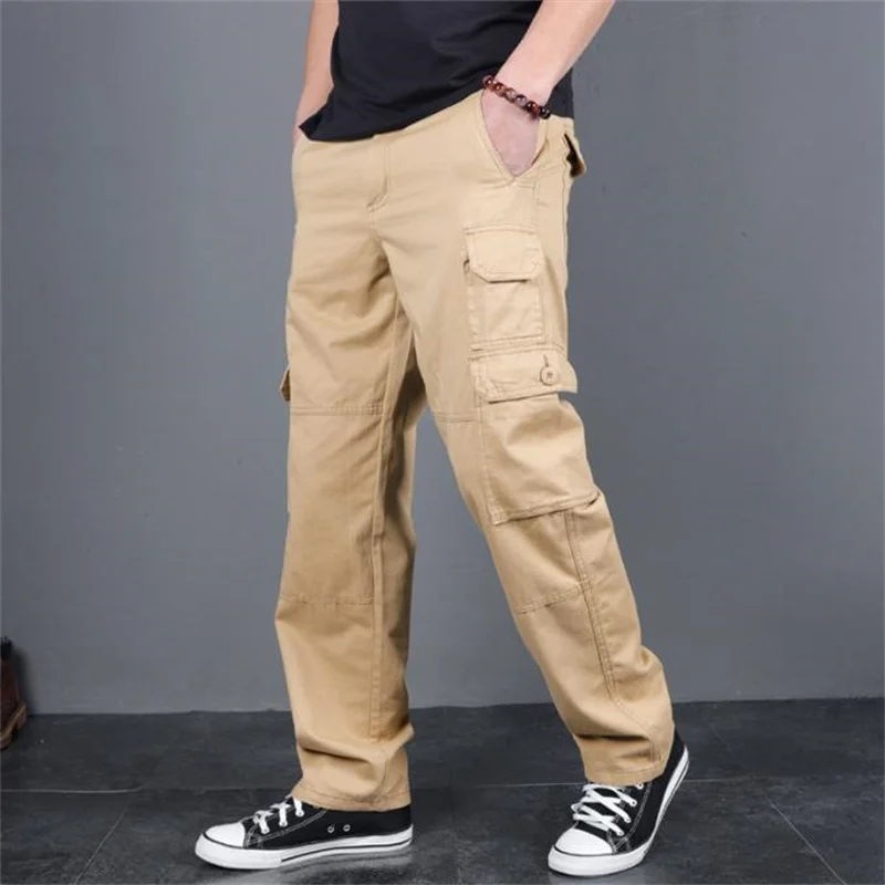 Spring Autumn Men's Casual Cargo Pants Multi-Pocket Cotton Loose Straight Fit Wear Bottoms Resistant Work Trousers