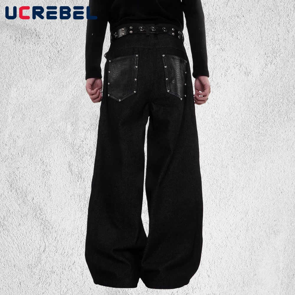 PU Leather Spliced Jeans Mens Patch Pocket Pleated Retro High Street Baggy Straight Wide Leg Denim Pants Man