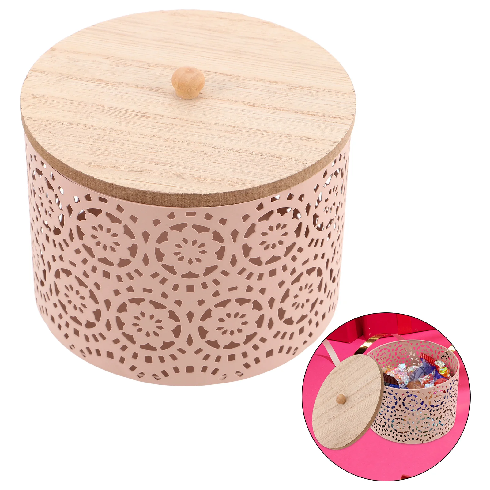 

Elegant Metal Storage Jar Hollow Design Wooden Lid Snack Candy Containers Kitchen Home Office Bedroom Organizing Tidy Biscuit