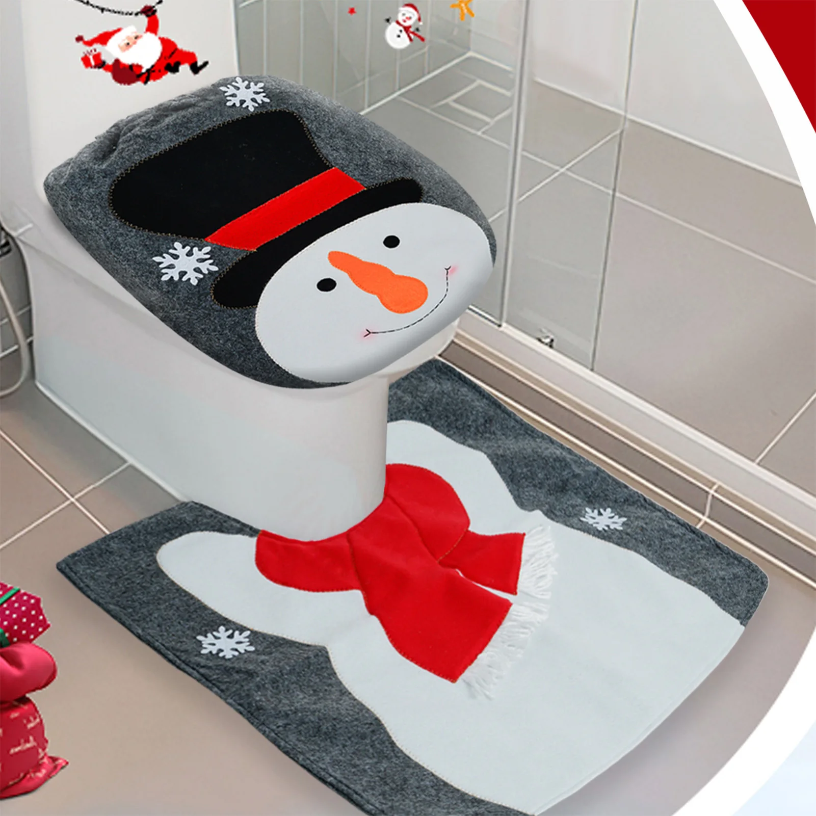 Christmas Toilet Cover Decorations Set with Classic Snowman Reindeer Santa Design for Friend Family Neighbors Gift