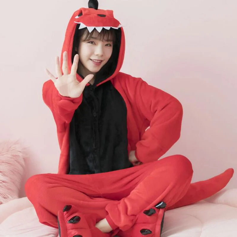 

Adults Couple Hooded Animal Onesies Red Dinosaur Pajamas Sets Sleepwear Women Men Winter Unisex Cartoon Flannel Loose Nightwear