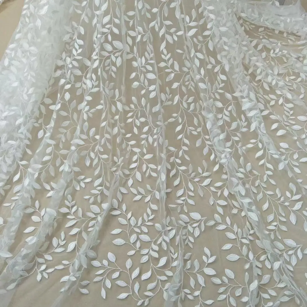 Fresh small leaf ivory full size wedding dress lace fabric material width 130cm sold by size